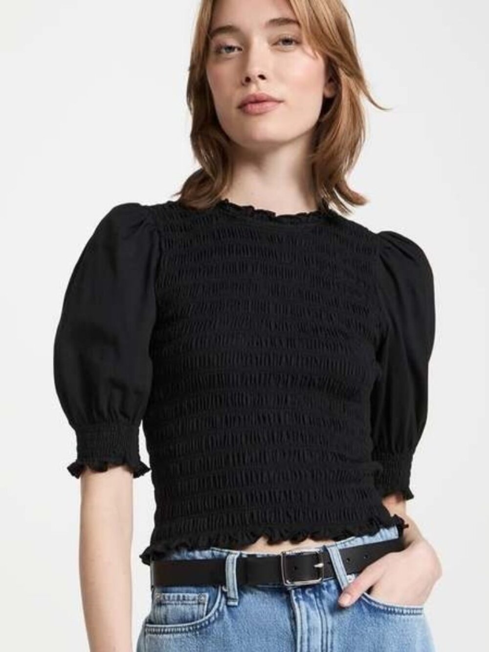 Veronica Beard Langston Smocked Top S Black Puff Sleeve Cotton Stretch